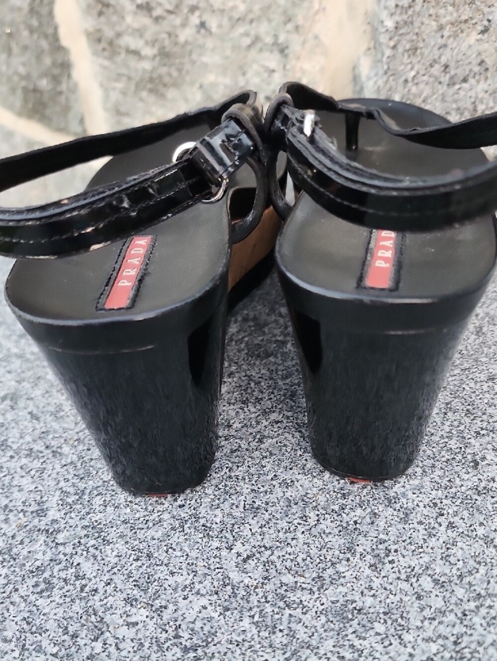 Prada Black Patent Leather Cork Wedge Thong Sandals - Picture 5 of 15